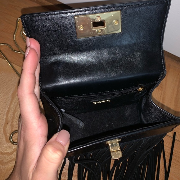 Black Velvet Fringe Gold Strap Bag - Picture 5 of 7